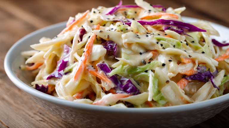 High-angle close-up of creamy easy coleslaw recipe in a bowl on a dining table