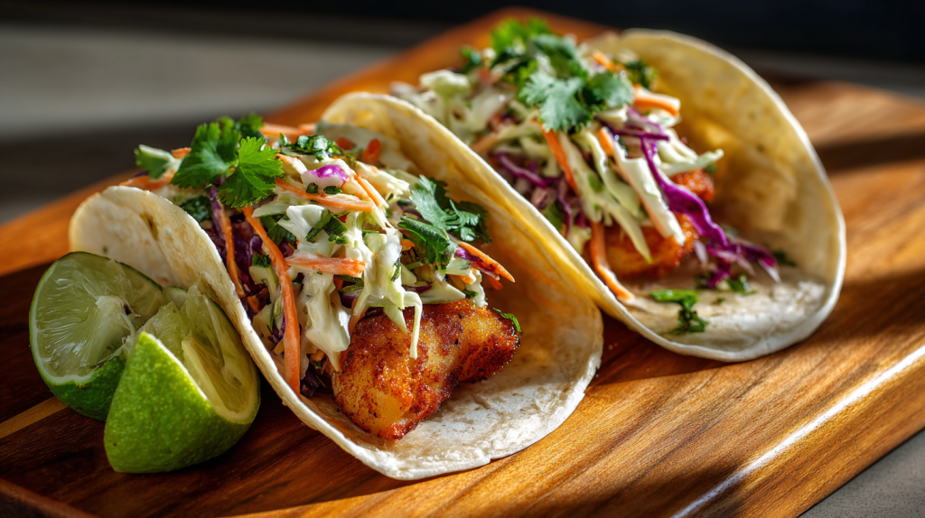 Two soft flour tortilla fish tacos topped with leftover easy coleslaw recipe and fresh lime wedges