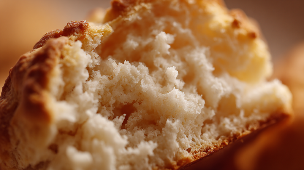 Close up of fluffy interior texture of a broken open Cathead Biscuit