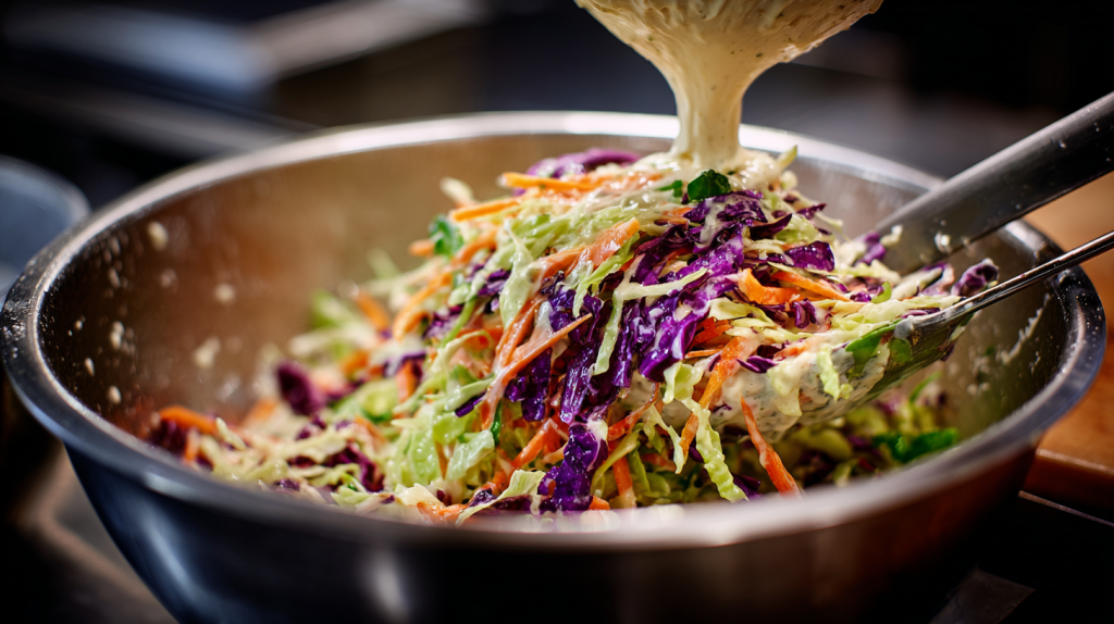 A silicone spatula folding creamy dressing into shredded cabbage and carrots for a homemade easy coleslaw recipe