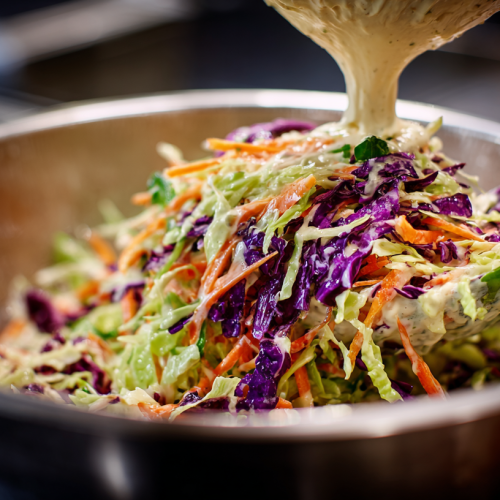 A silicone spatula folding creamy dressing into shredded cabbage and carrots for a homemade easy coleslaw recipe
