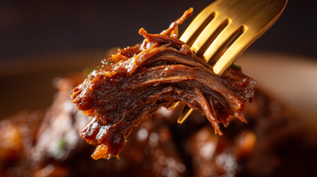 Pulling apart tender beef chuck roast with a gold fork