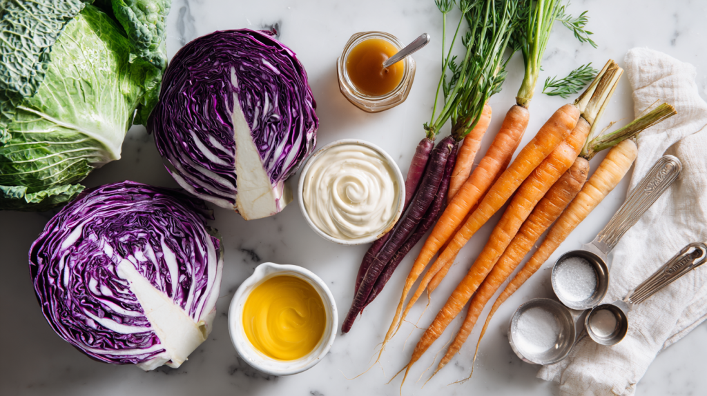 Fresh whole heads of cabbage, carrots, mayonnaise, and maple syrup displayed on a marble countertop for an easy coleslaw recipe 