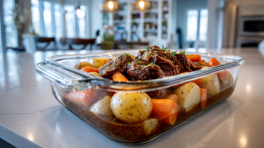 Leftover pot roast stored in glass meal prep container