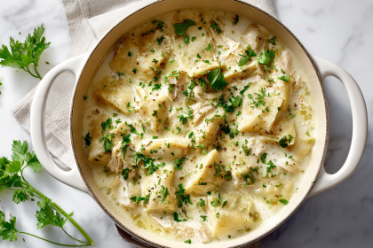 Grandma's chicken and dumplings recipe with flat rolled dumplings in creamy gravy