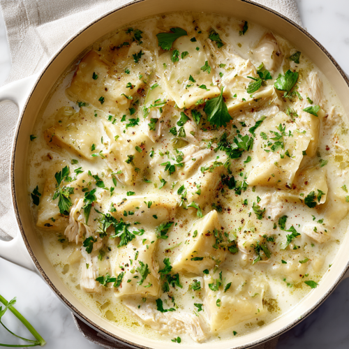 Grandma's chicken and dumplings recipe with flat rolled dumplings in creamy gravy