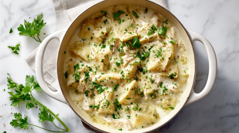 Grandma's chicken and dumplings recipe with flat rolled dumplings in creamy gravy