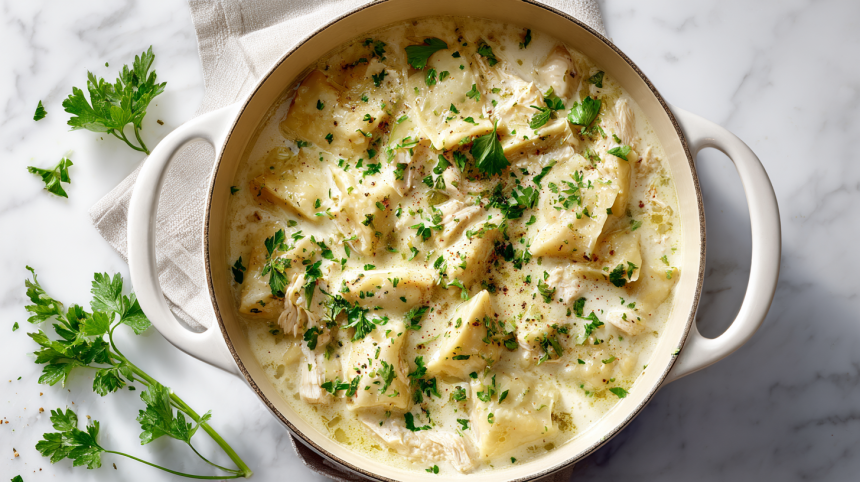 Grandma's chicken and dumplings recipe with flat rolled dumplings in creamy gravy