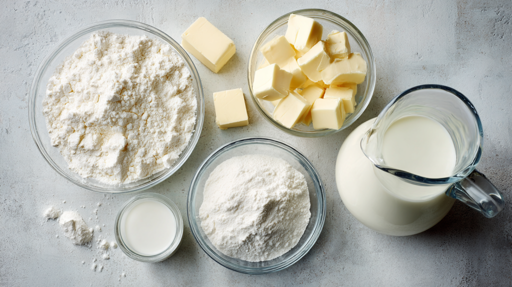 Ingredients for homemade dumplings including cold butter flour and milk