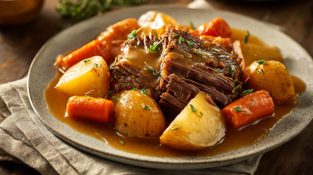 Full plate of southern pot roast with carrots potatoes and gravy