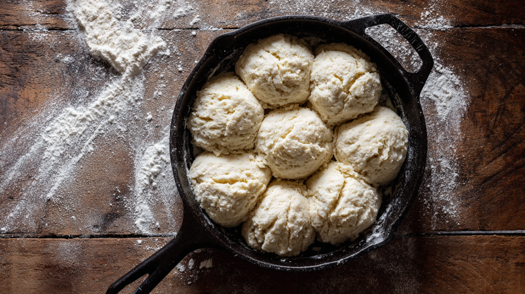 aw Cathead Biscuit dough mounds arranged in a cast iron skillet