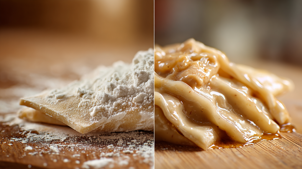 Side-by-side comparison of raw flat dough strip and cooked tender dumpling