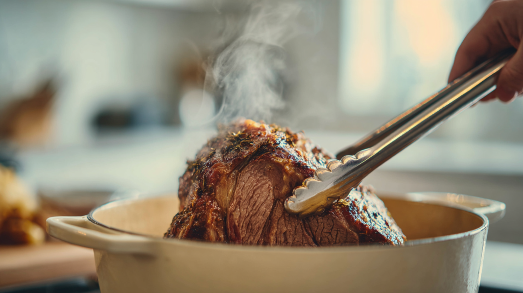 Home cook using tongs to sear beef roast in Dutch oven