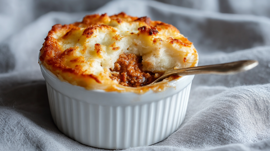 Mini shepherds pie made from leftover pot roast in ceramic ramekin