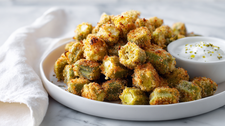 Crispy air fryer fried okra with golden cornmeal crust on a clean modern plate