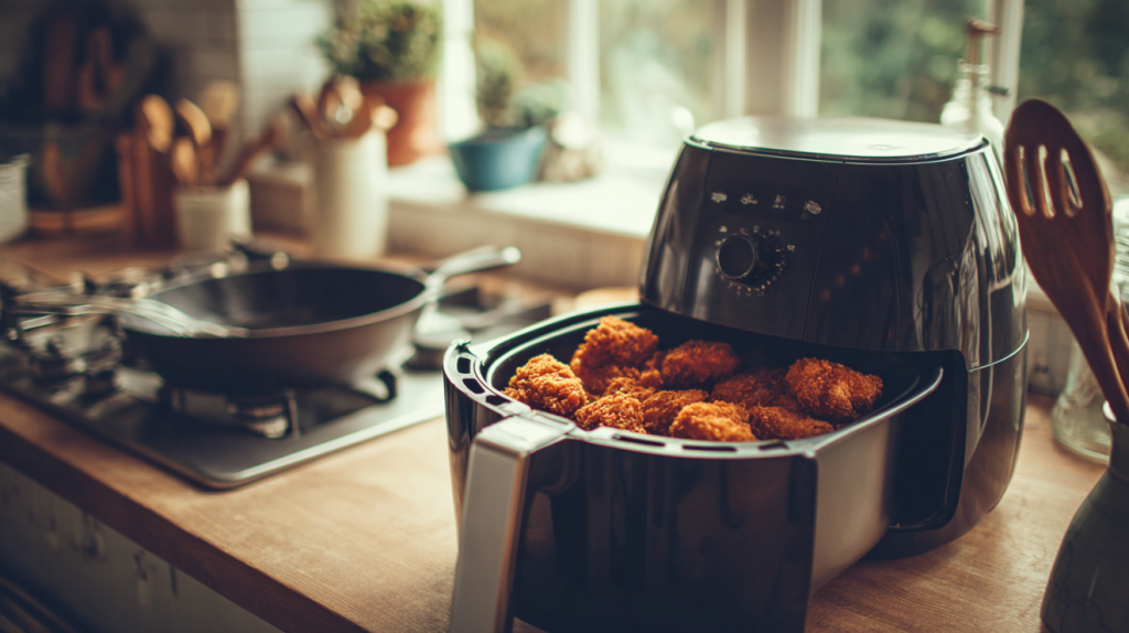 Air fryer with crispy Southern fried chicken in a warm home kitchen