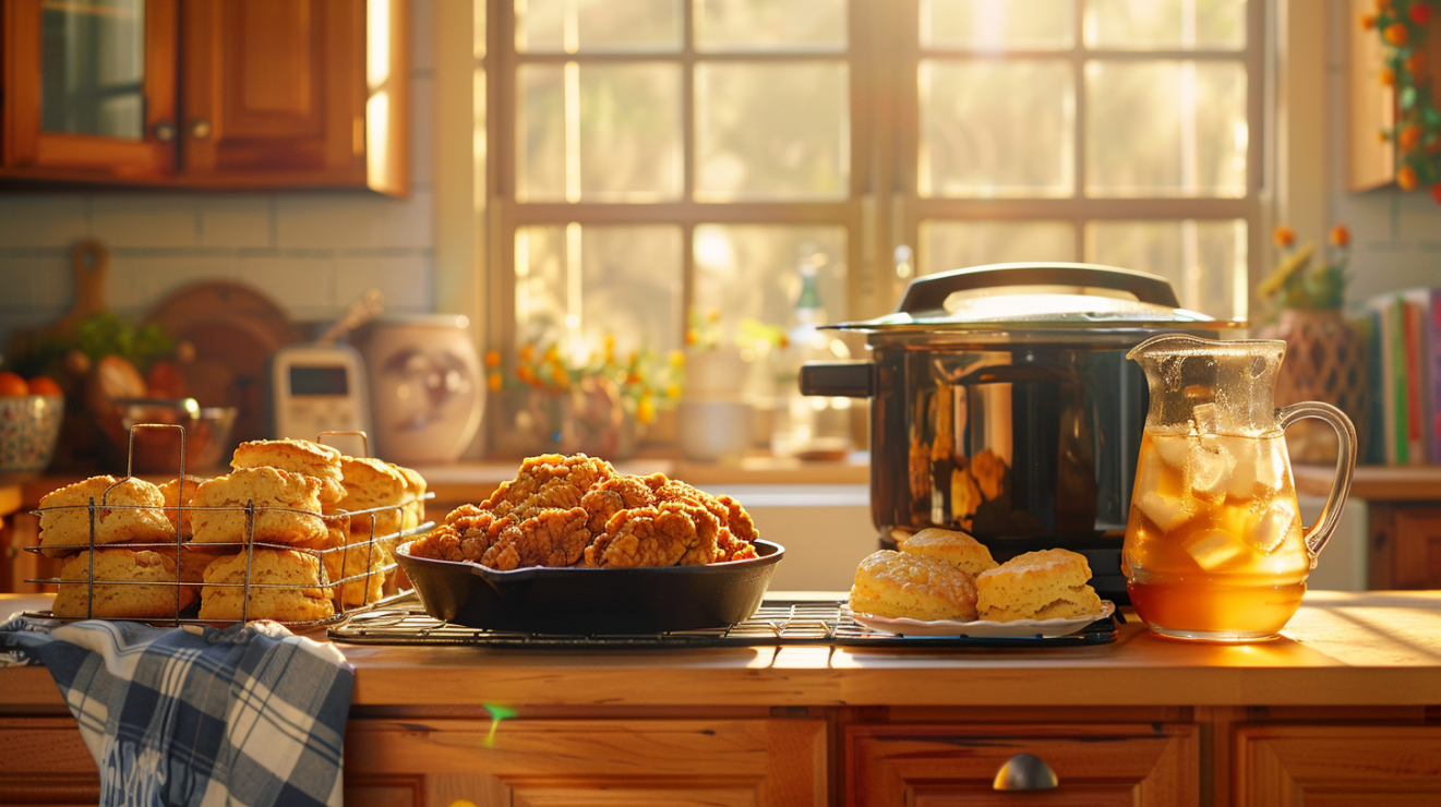 A bright, lived-in Southern kitchen counter featuring a cast iron skillet of fried chicken, biscuits, and sweet tea.
