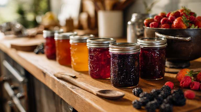 Homemade jams and jellies with fresh fruit and mason jars on a modern kitchen counter