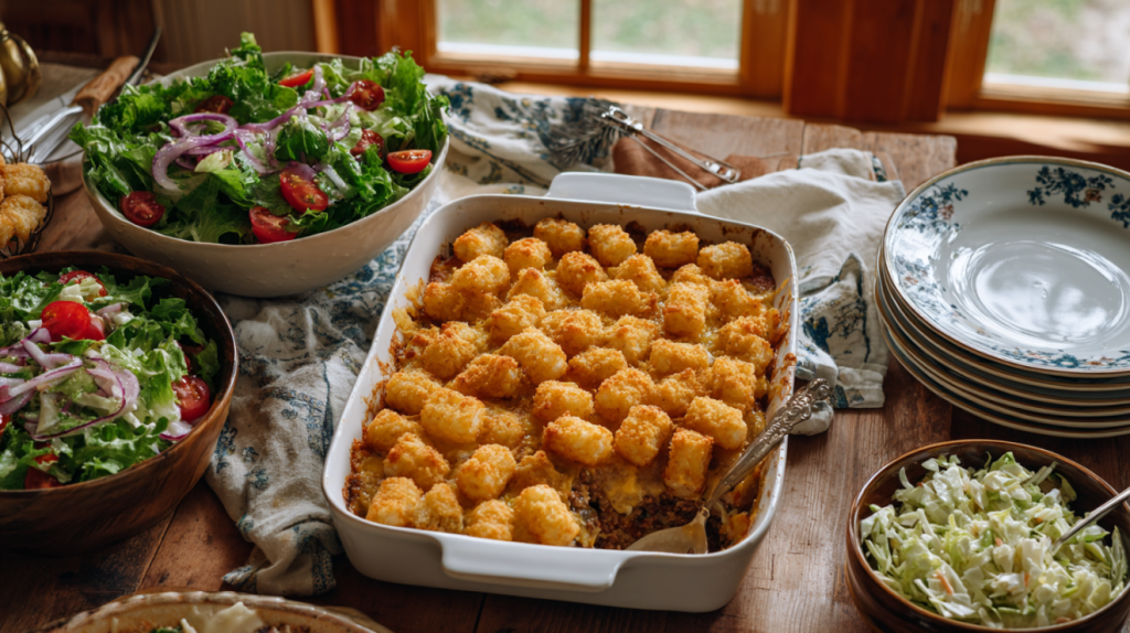 Big Mac tater tot casserole served with salad and coleslaw for family dinner