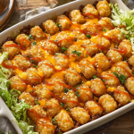 Big Mac tater tot casserole fresh from the oven with golden crispy tots and melted cheese