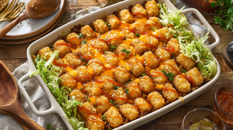 Big Mac tater tot casserole fresh from the oven with golden crispy tots and melted cheese