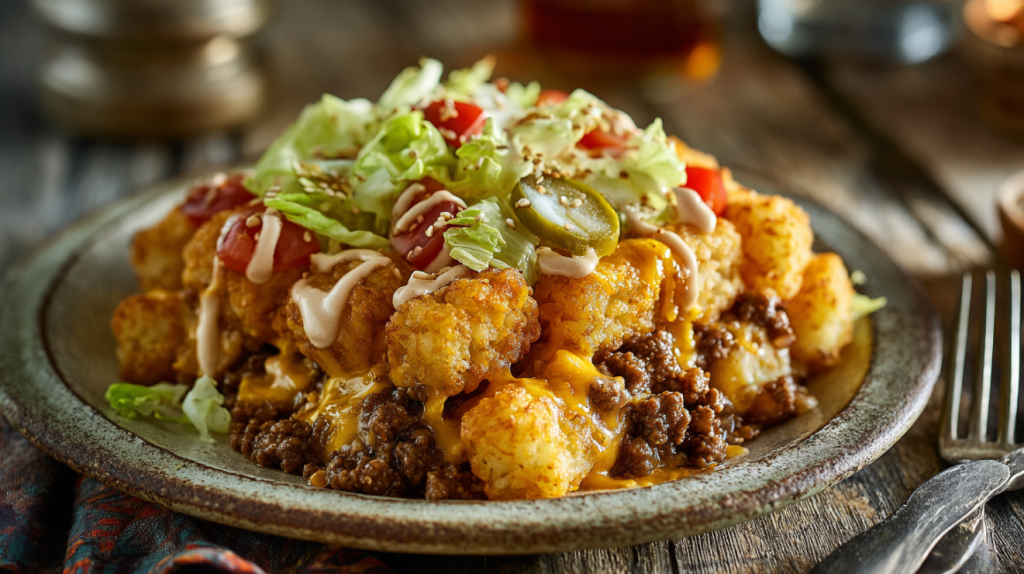  Plated serving of Big Mac tater tot casserole with all layers visible