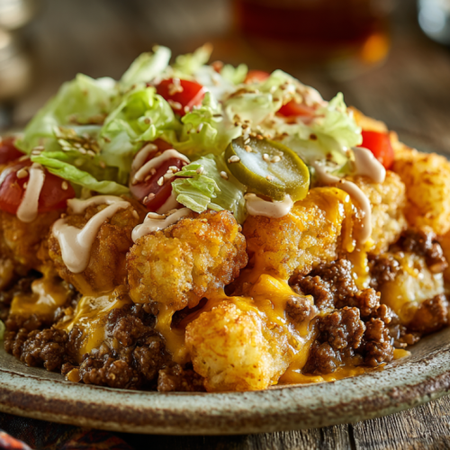 Plated serving of Big Mac tater tot casserole with all layers visible