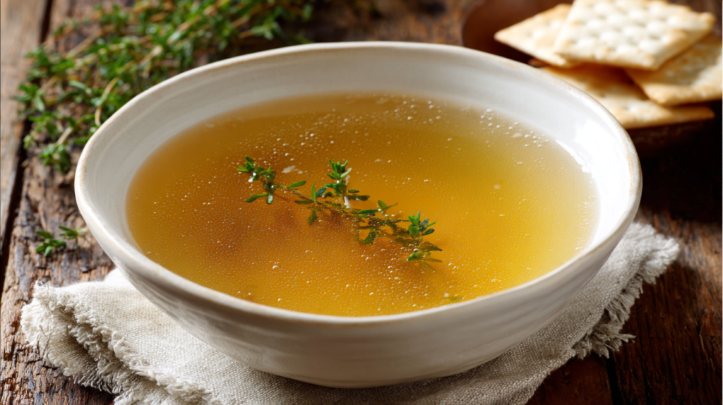 Bowl of homemade chicken broth served with crackers