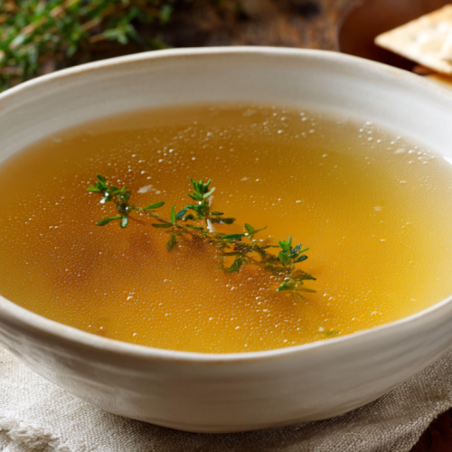 Bowl of homemade chicken broth served with crackers