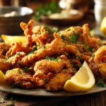 Buttermilk fried bullfrog legs served golden and crispy on a rustic platter with lemon wedges
