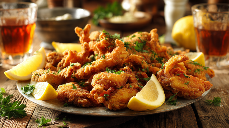 Buttermilk fried bullfrog legs served golden and crispy on a rustic platter with lemon wedges