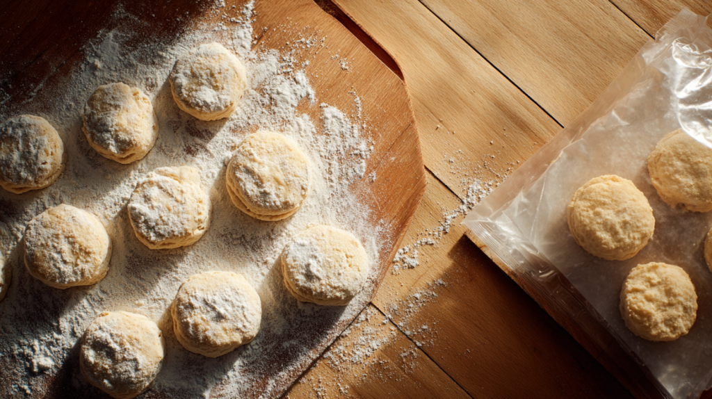 Frozen biscuit dough rounds and freshly baked biscuits showing both freezing methods on a modern kitchen counter