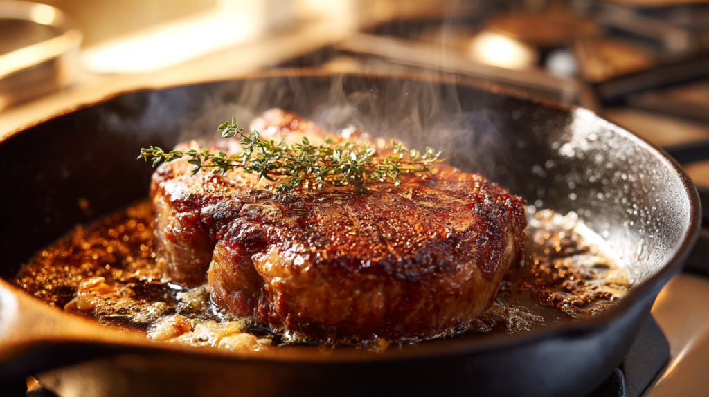 Steak searing in a cast iron skillet on the stovetop with butter and herbs