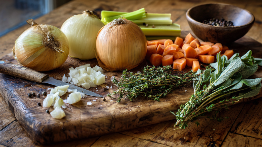 Fresh chicken broth ingredients on a wooden cutting board