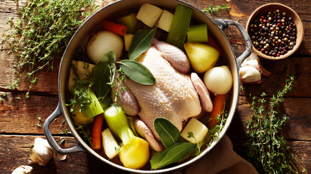  Ingredients for homemade chicken broth in a large stockpot ready to simmer