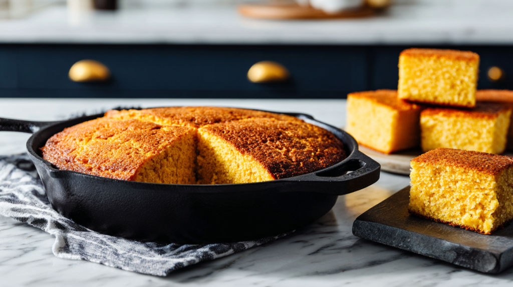 Golden skillet cornbread and cornbread squares on a modern kitchen island.