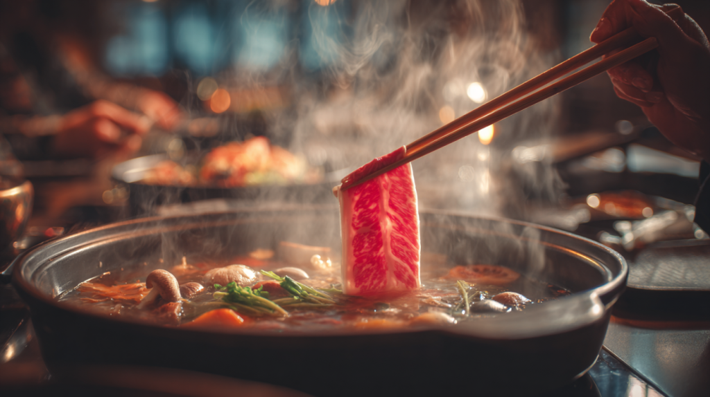 Cooking beef in simmering shabu shabu broth at the table using chopsticks