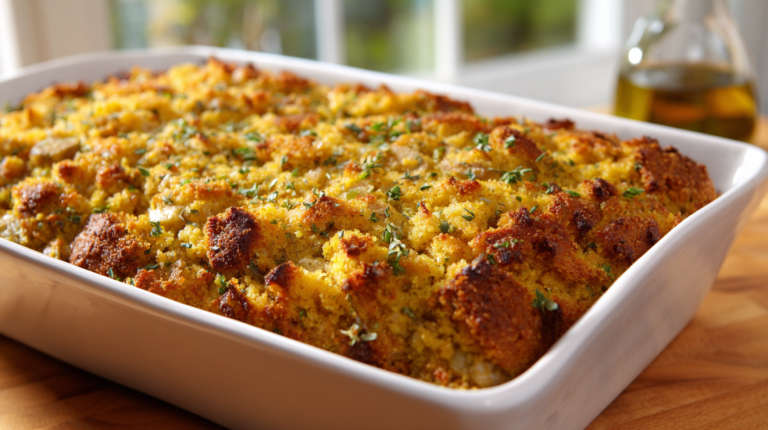 Southern cornbread dressing with golden crispy top in a baking dish on a holiday table