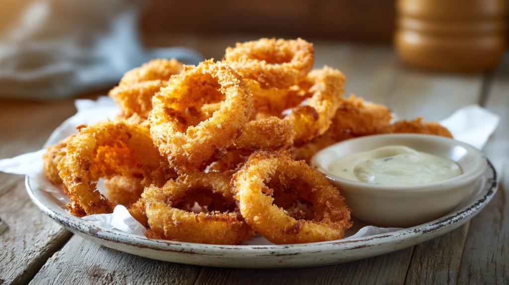 Crispy homemade onion ring recipe served on a rustic plate with dipping sauce