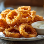 Crispy homemade onion ring recipe served on a rustic plate with dipping sauce