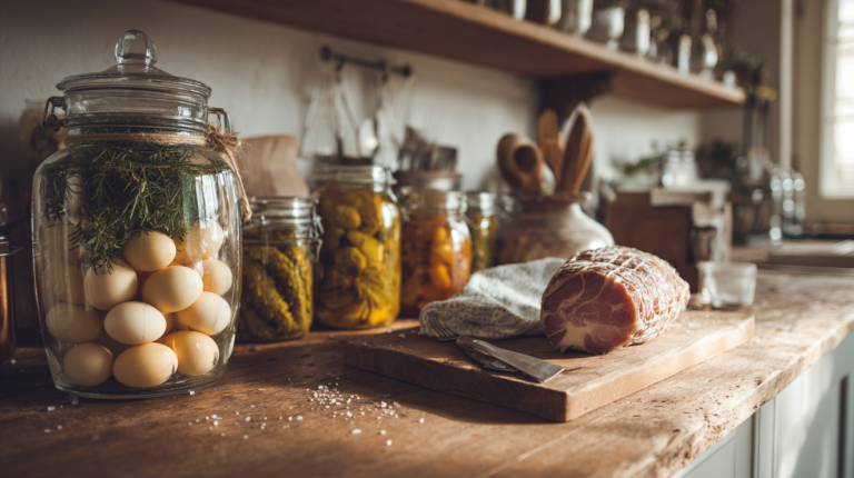 Depression era preservation methods showing water-glassed eggs and salt-cured meats on a modern kitchen counter