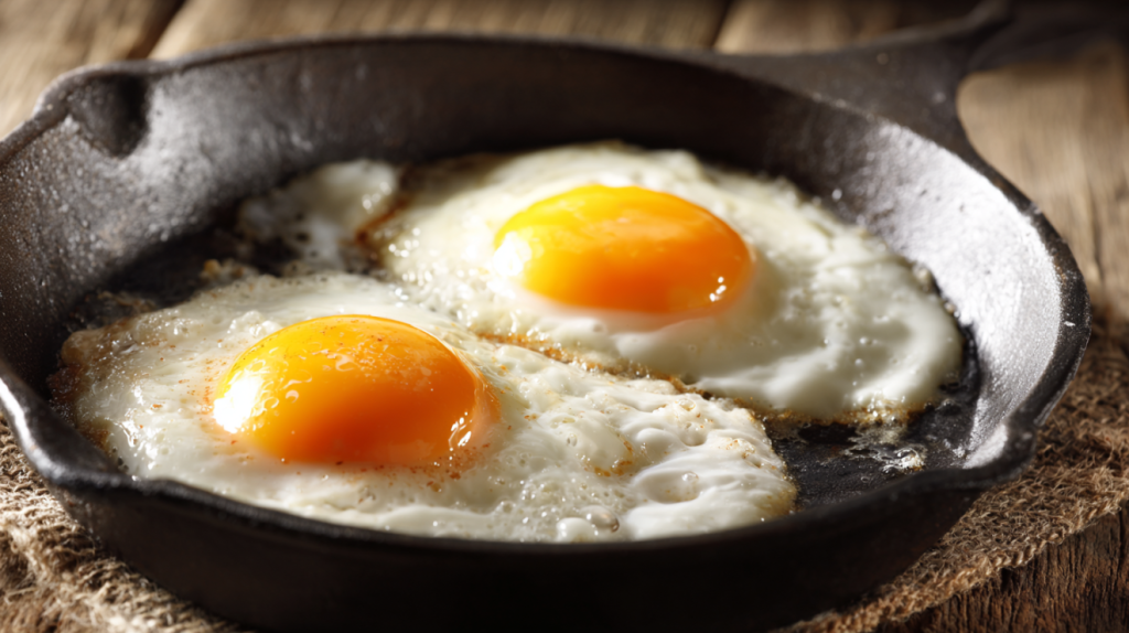 Eggs cooking in cast iron skillet at proper medium heat temperature
