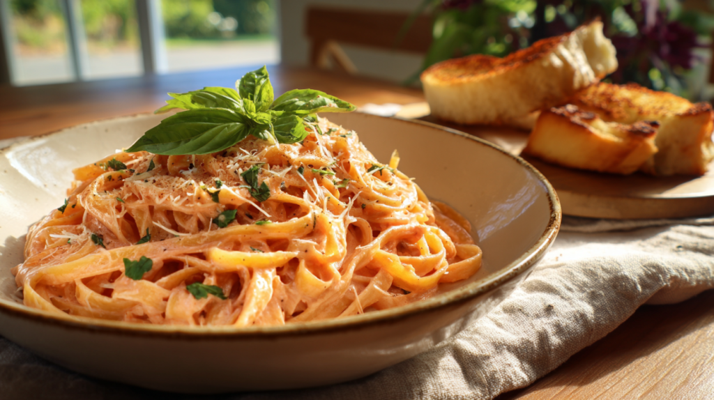 Fettuccine with tomato Alfredo sauce served with garlic bread