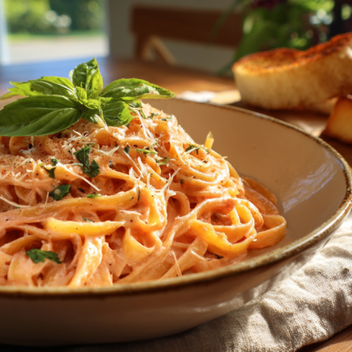 Fettuccine with tomato Alfredo sauce served with garlic bread