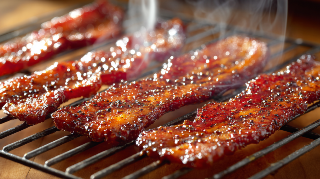 Finished million dollar bacon with crispy caramelized glaze cooling on rack