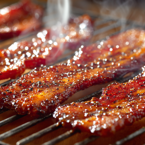 Finished million dollar bacon with crispy caramelized glaze cooling on rack