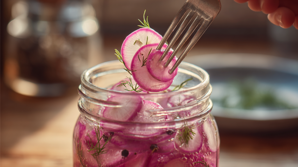 Pulling crisp pickled radish slices from a mason jar