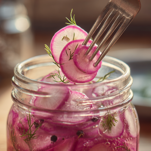 Pulling crisp pickled radish slices from a mason jar