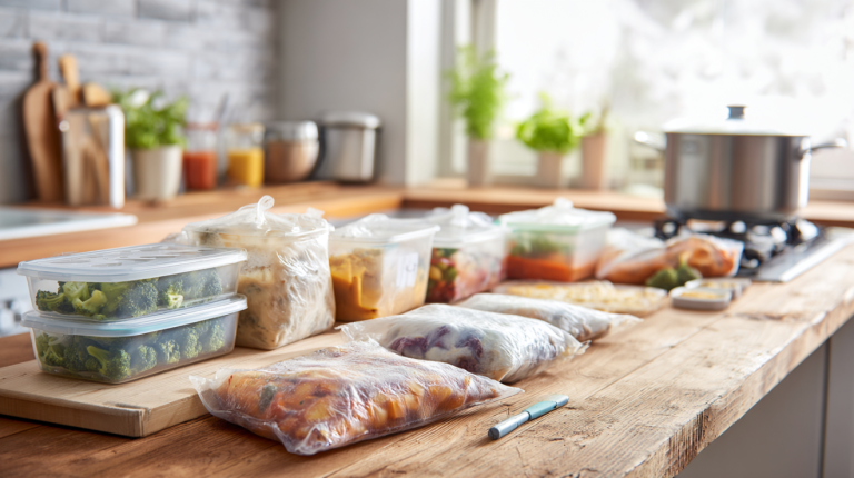 Modern kitchen with freezer bags and containers prepared for proper food freezing