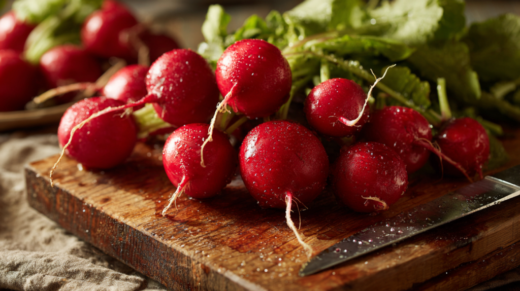 Fresh red radishes ready to be sliced for pickled radish recipe